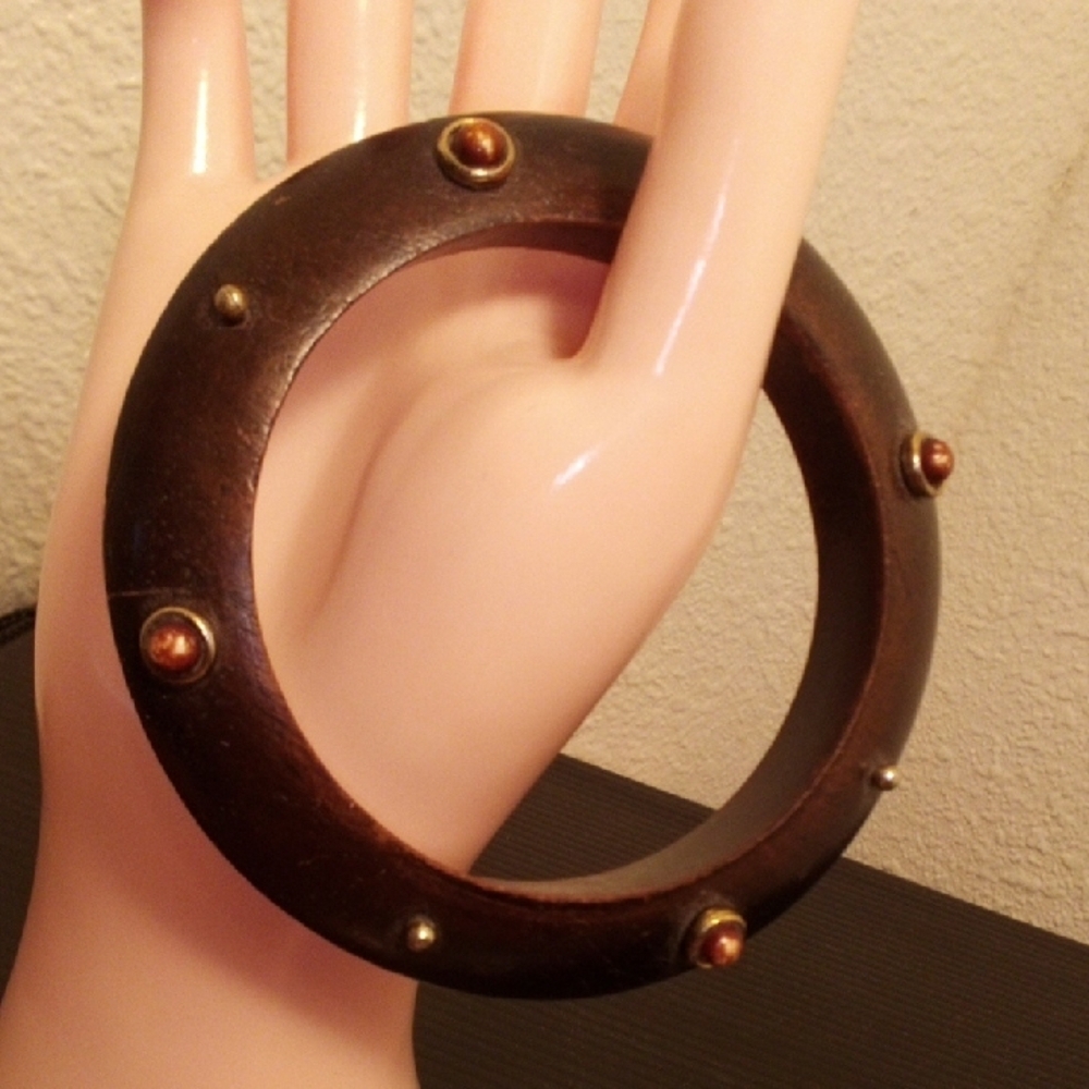 Wooden Bangle Bracelet with Brass Accents - Brown